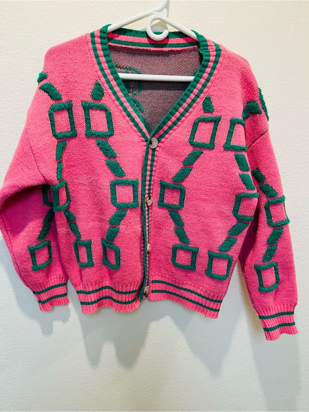 V-Neck Button Cardigan in Pink with Green Geometric Trim